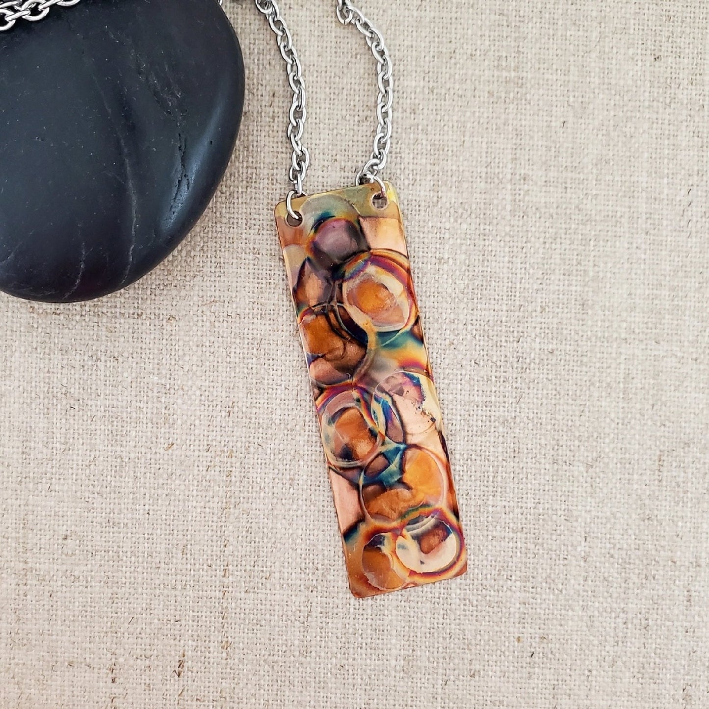 Flame Paint Copper Boho Rectangle Necklace - Made in the USA
