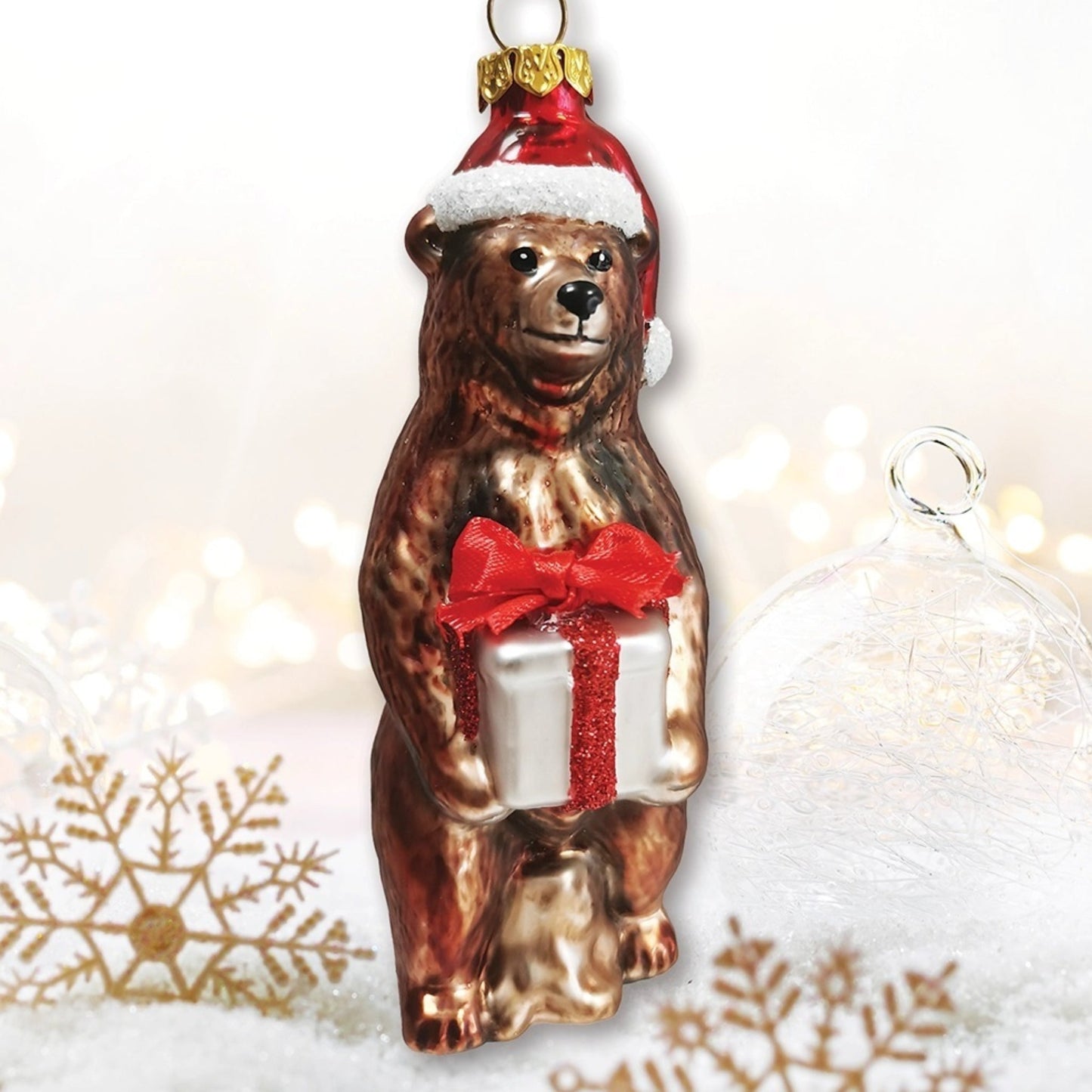 Grizzly Bear with Santa Hat and Present Glass Christmas Ornaments - Made in the USA