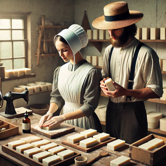 Amish man and woman in traditional clothing crafting natural white soap by hand in a rustic workshop filled with natural light.