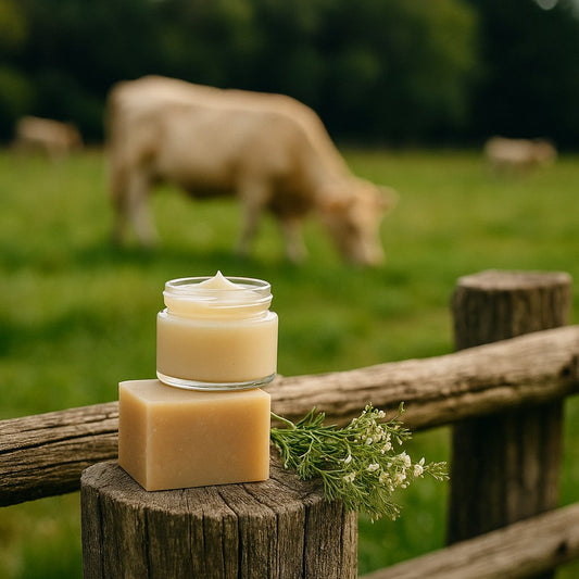 A jar of natural tallow balm and a handmade soap bar sit on a rustic wooden fence in a lush green pasture with grazing cows, symbolizing regenerative farming, sustainable skincare, and the farm-to-face beauty movement.