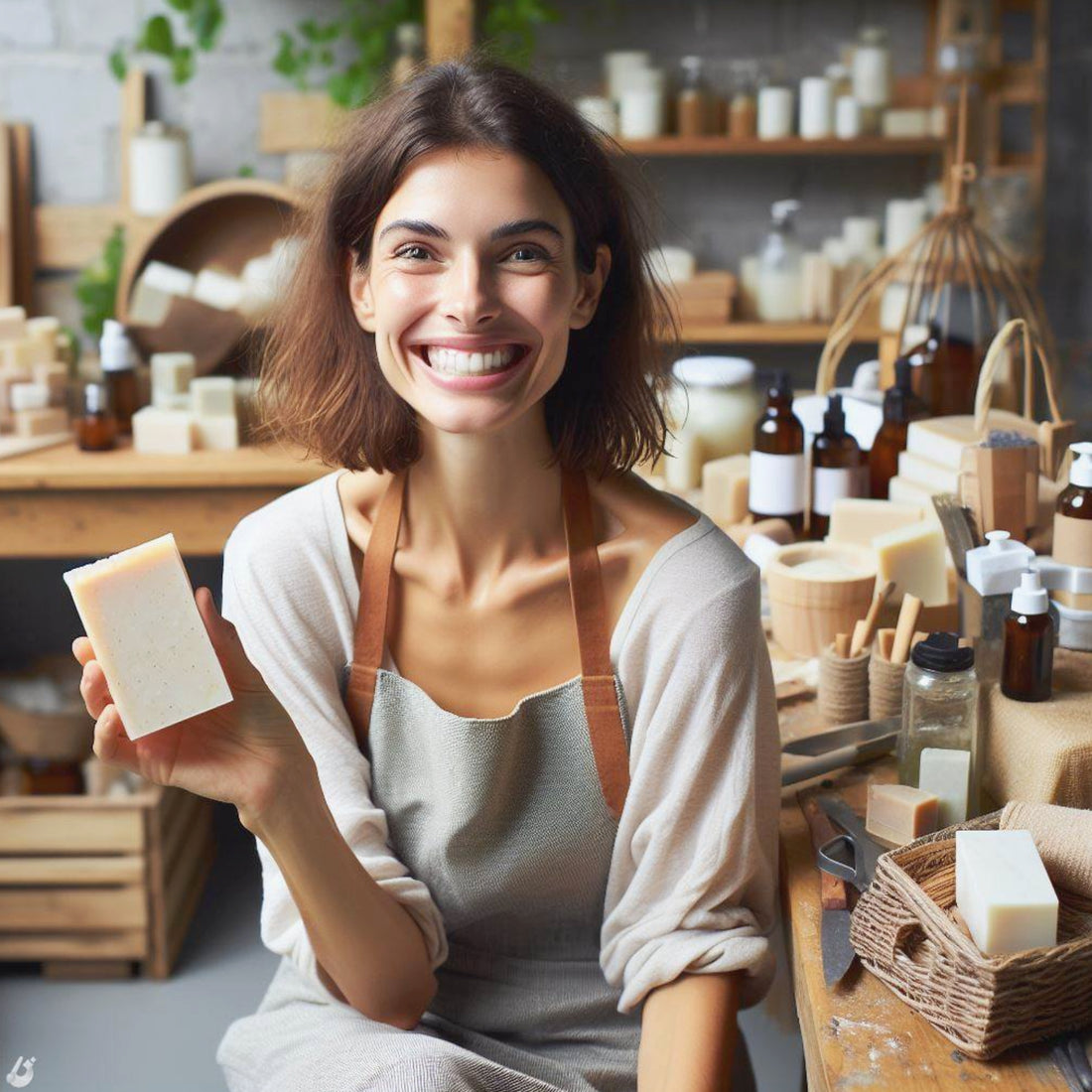 Artisan soap maker crafting high-quality handmade soap with expertise and care, seated amidst a display of freshly crafted soap bars