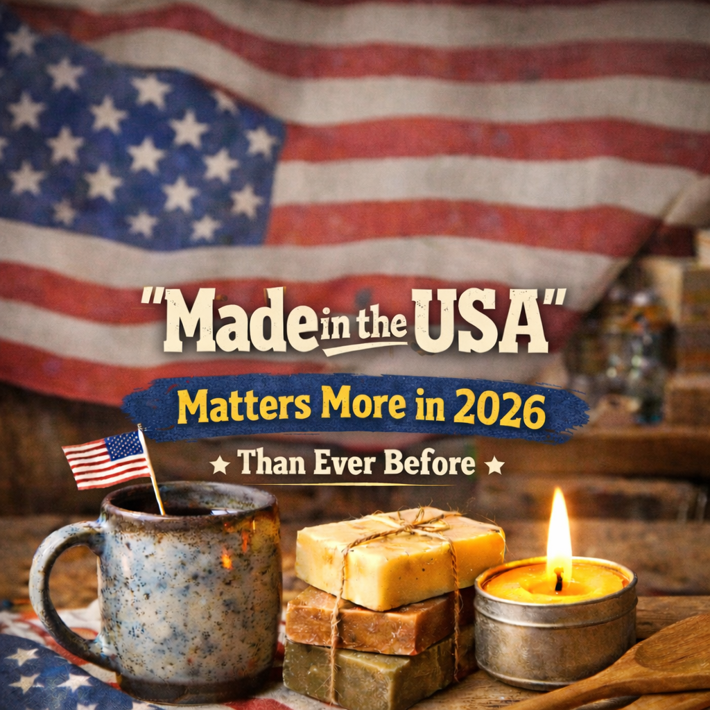 American-made handmade soap, beeswax candle, ceramic mug and wooden utensils arranged on rustic table with patriotic background.