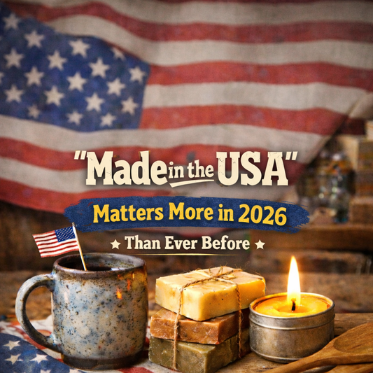 American-made handmade soap, beeswax candle, ceramic mug and wooden utensils arranged on rustic table with patriotic background.