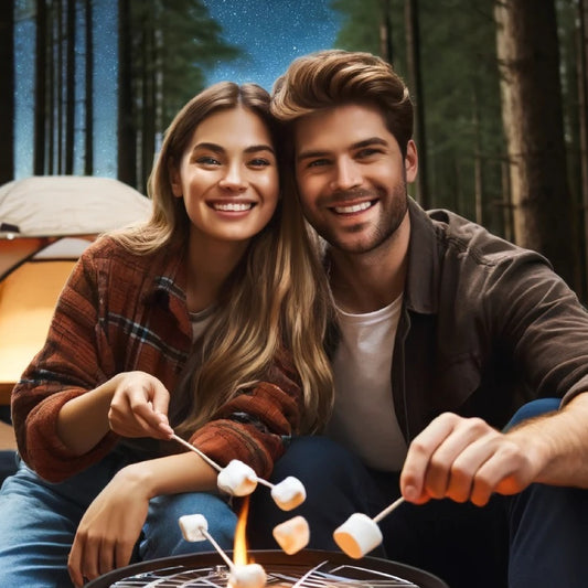 Young couple happily enjoying a portable firepit.