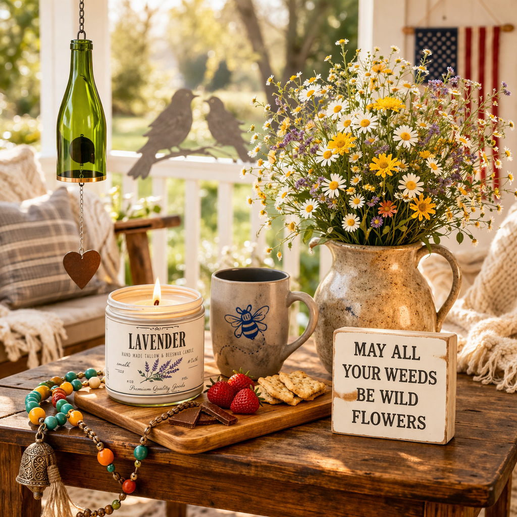 Cozy spring porch scene with handmade American decor, featuring a wildflower-filled vase, lit lavender candle, rustic wood board with strawberries, bee mug, and hanging wine bottle wind chime in warm sunlight.