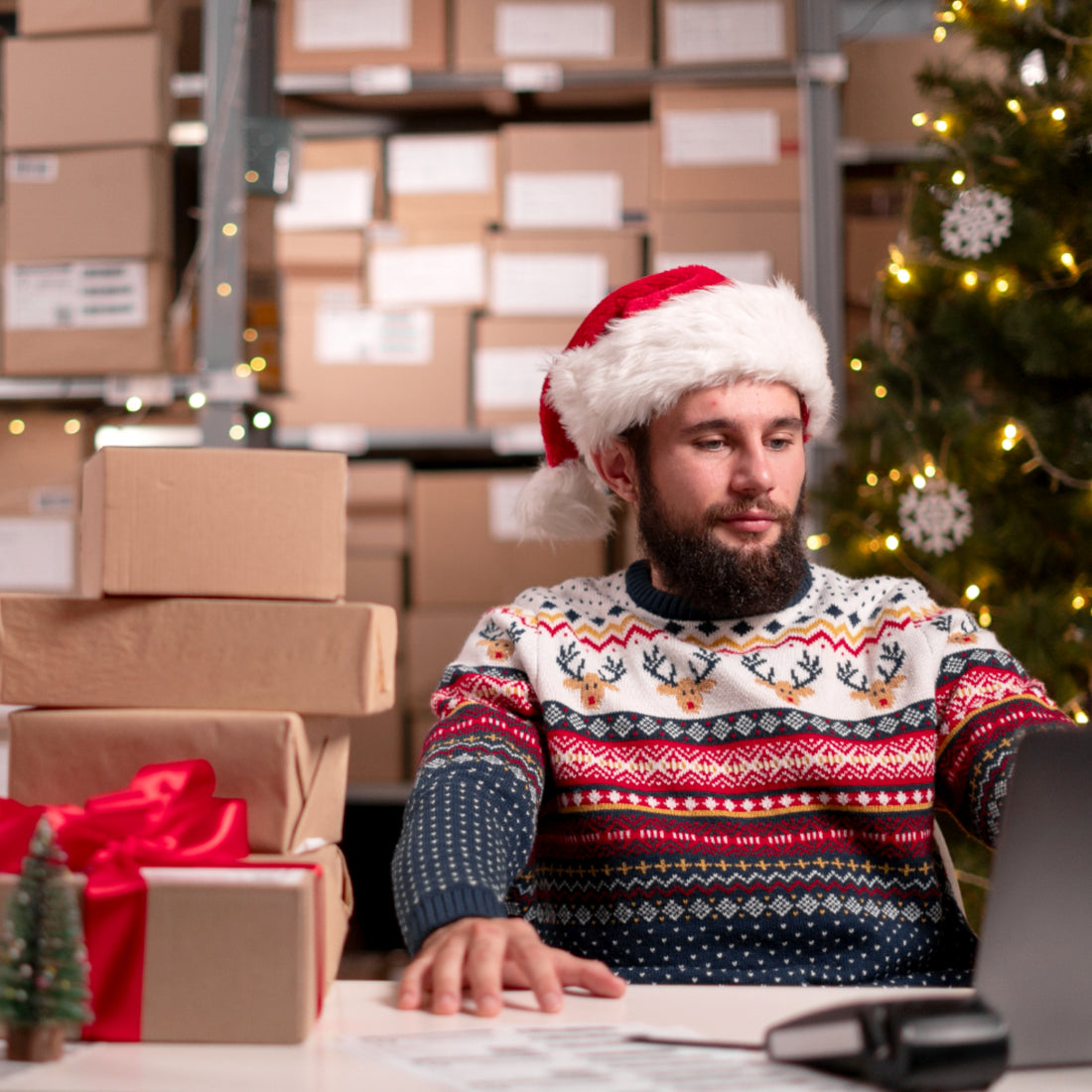Young man inventory clerk working on holiday orders in a small business.