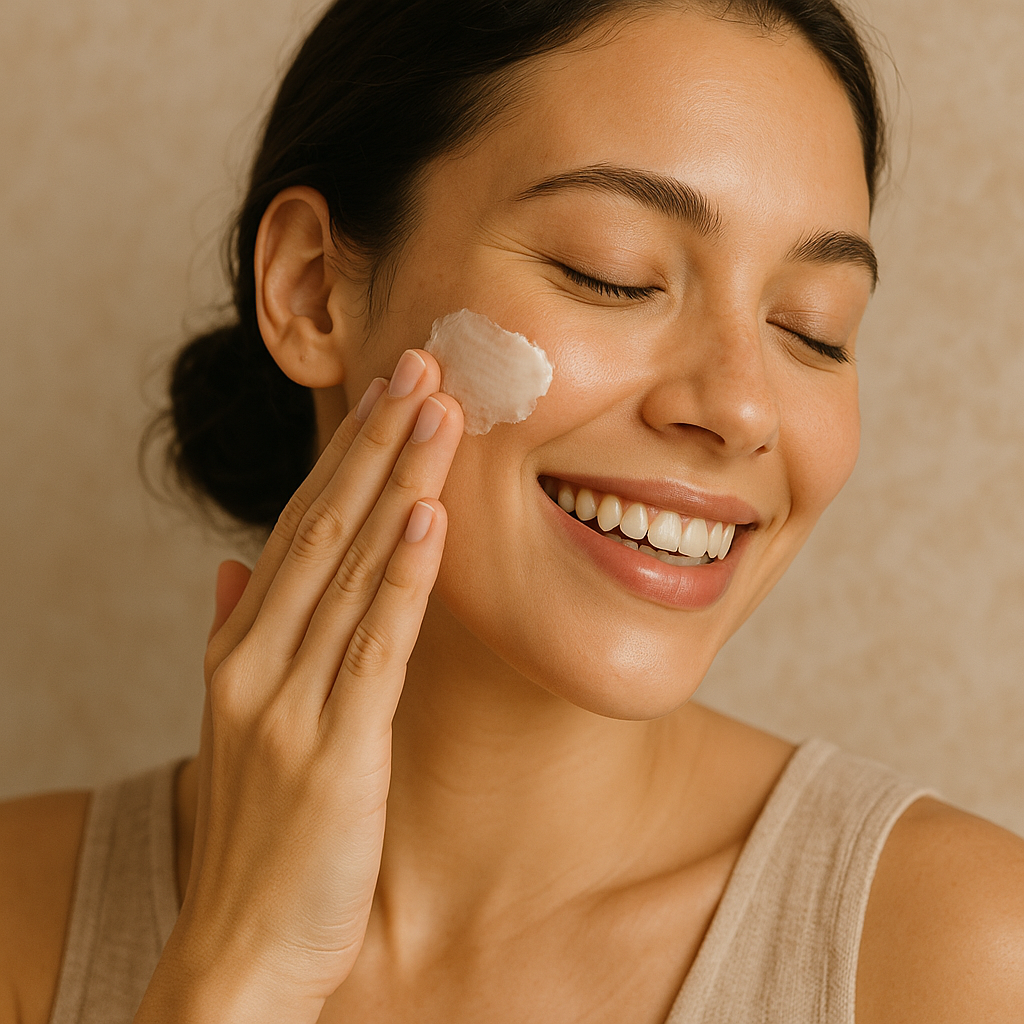 A young woman with glowing skin smiles while gently applying a creamy natural tallow-based skincare balm to her cheek, in warm natural lighting with an earthy background.