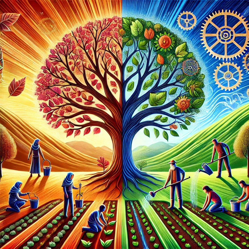 Vibrant artwork depicting a tree of life split between day and night, symbolizing balance and transformation, with farmers cultivating the land on both sides.