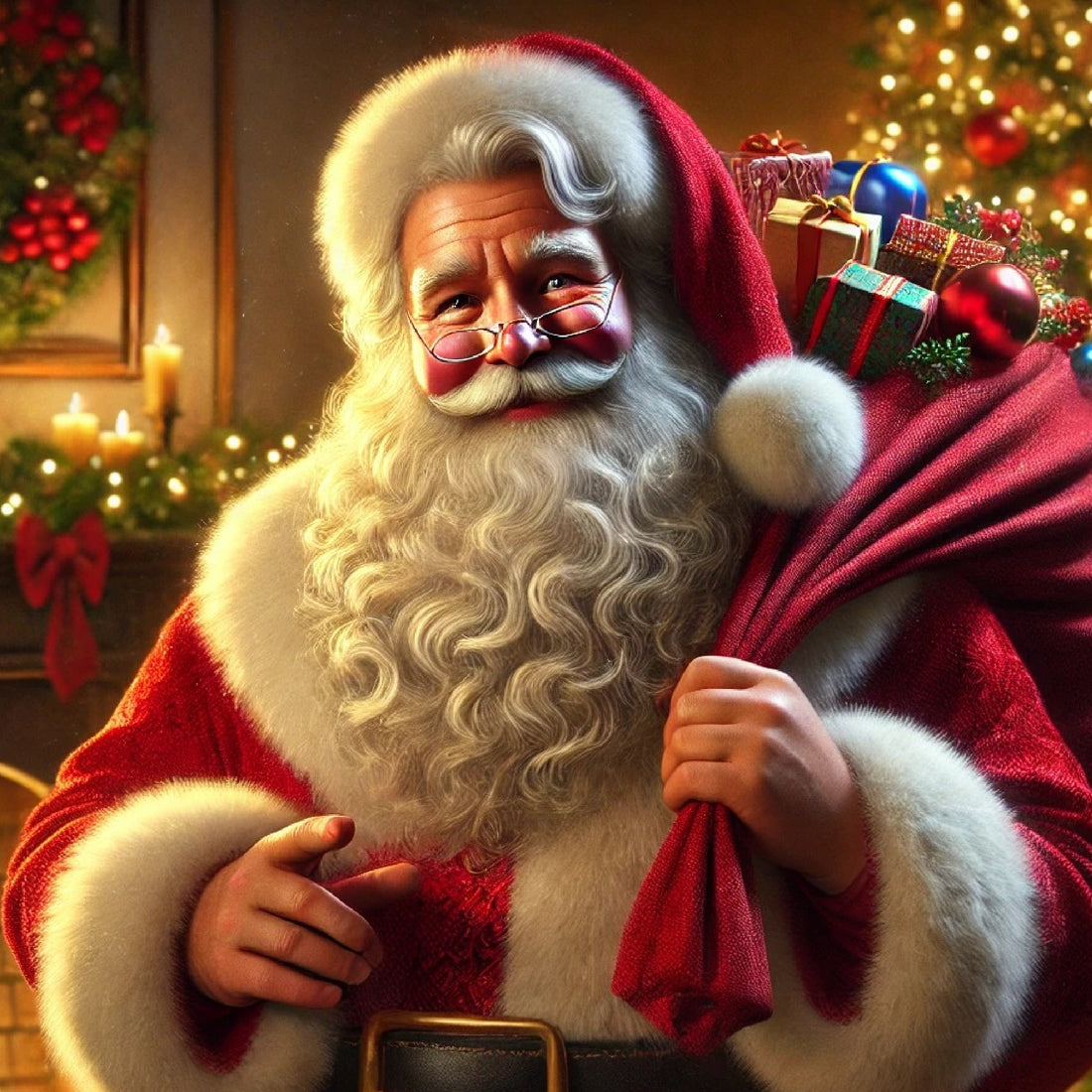 A jolly Santa Claus in a red suit, holding a gift-filled bag by a fireplace and Christmas tree, glowing with holiday cheer.