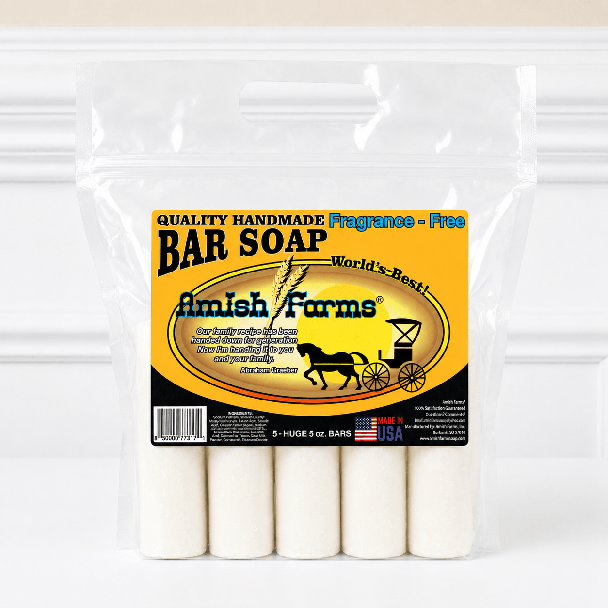 Amish Farms Soap 5 Bar Bag - White Unscented - Made in the USA