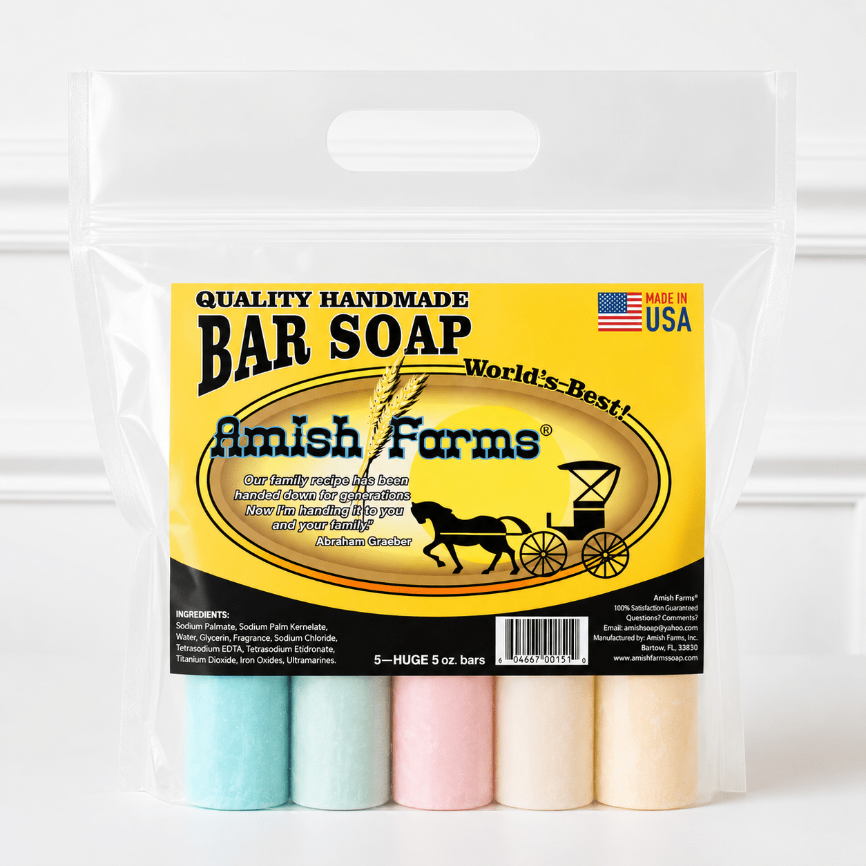 Amish Farms Soap 5 Bar Bag - Random Colors with Light Wildflower Scent - Made in the USA