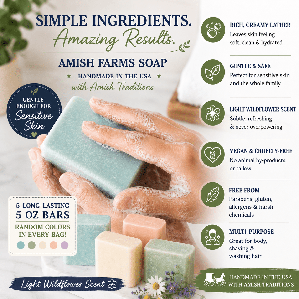 Amish Farms Soap 5 Bar Bag - Random Colors with Light Wildflower Scent - Made in the USA