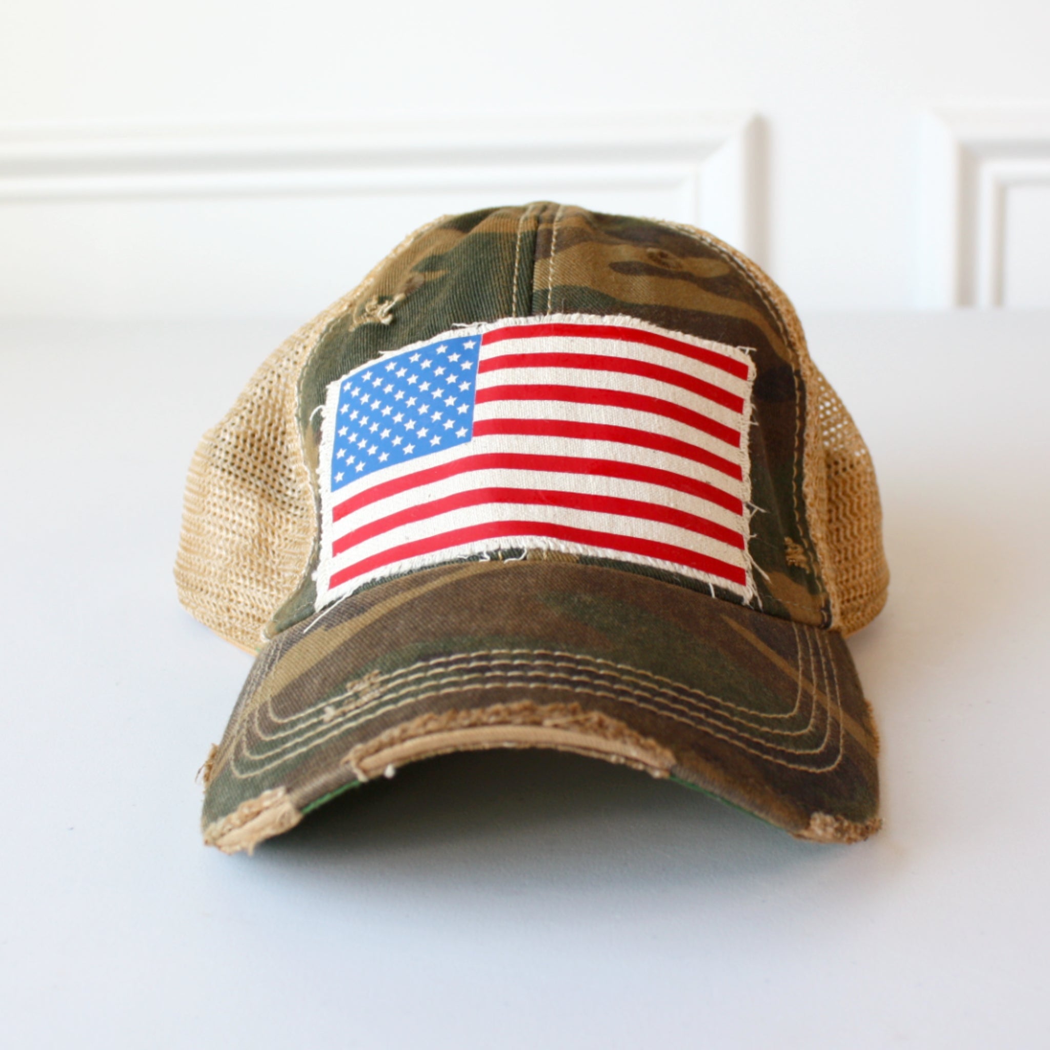 Distressed American Flag Hat - Camo - Proudly Made in The USA