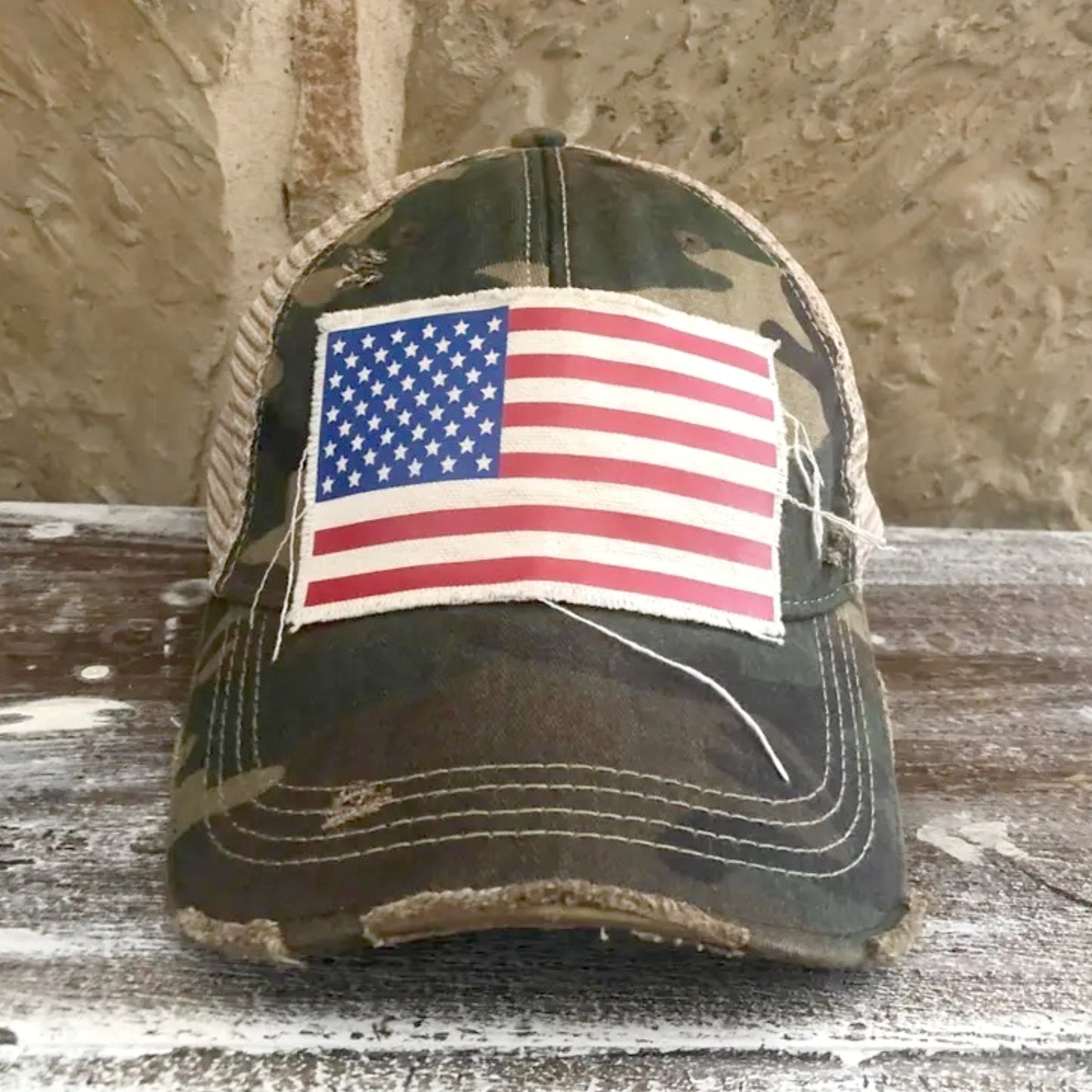Distressed American Flag Hat - Camo - Made in the USA