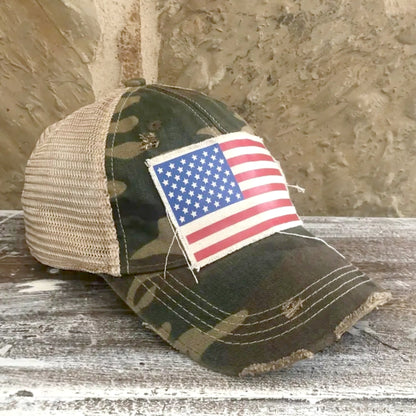 Distressed American Flag Hat - Camo - Made in the USA