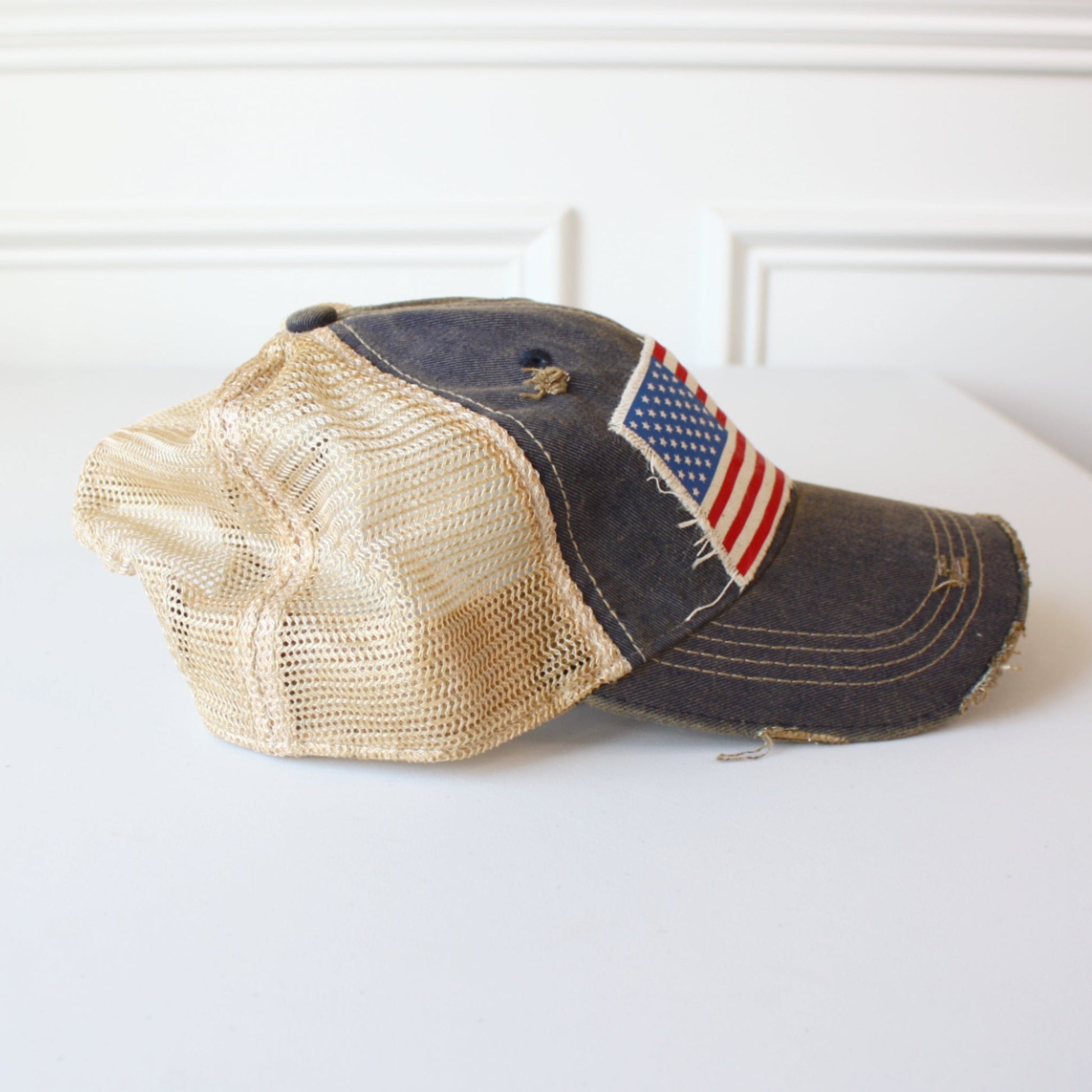 Funky Junque Men's Snapback Trucker Hat - American Flag Design, Adjustable Mesh Back, One Size Fits Most (Black/Red/White & Blue)