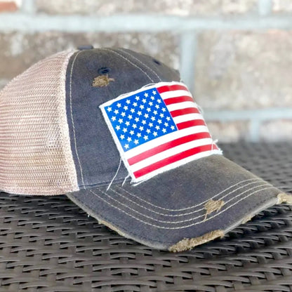 Distressed American Flag Hat - Navy Blue - Made in the USA