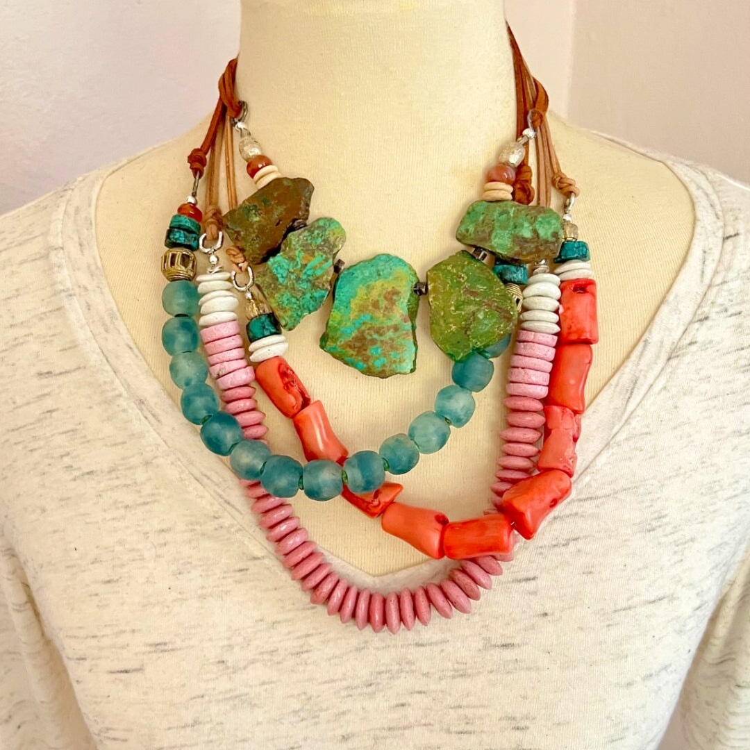 Turquoise Nugget Boho Necklace with Vegan Suede - Made in the USA