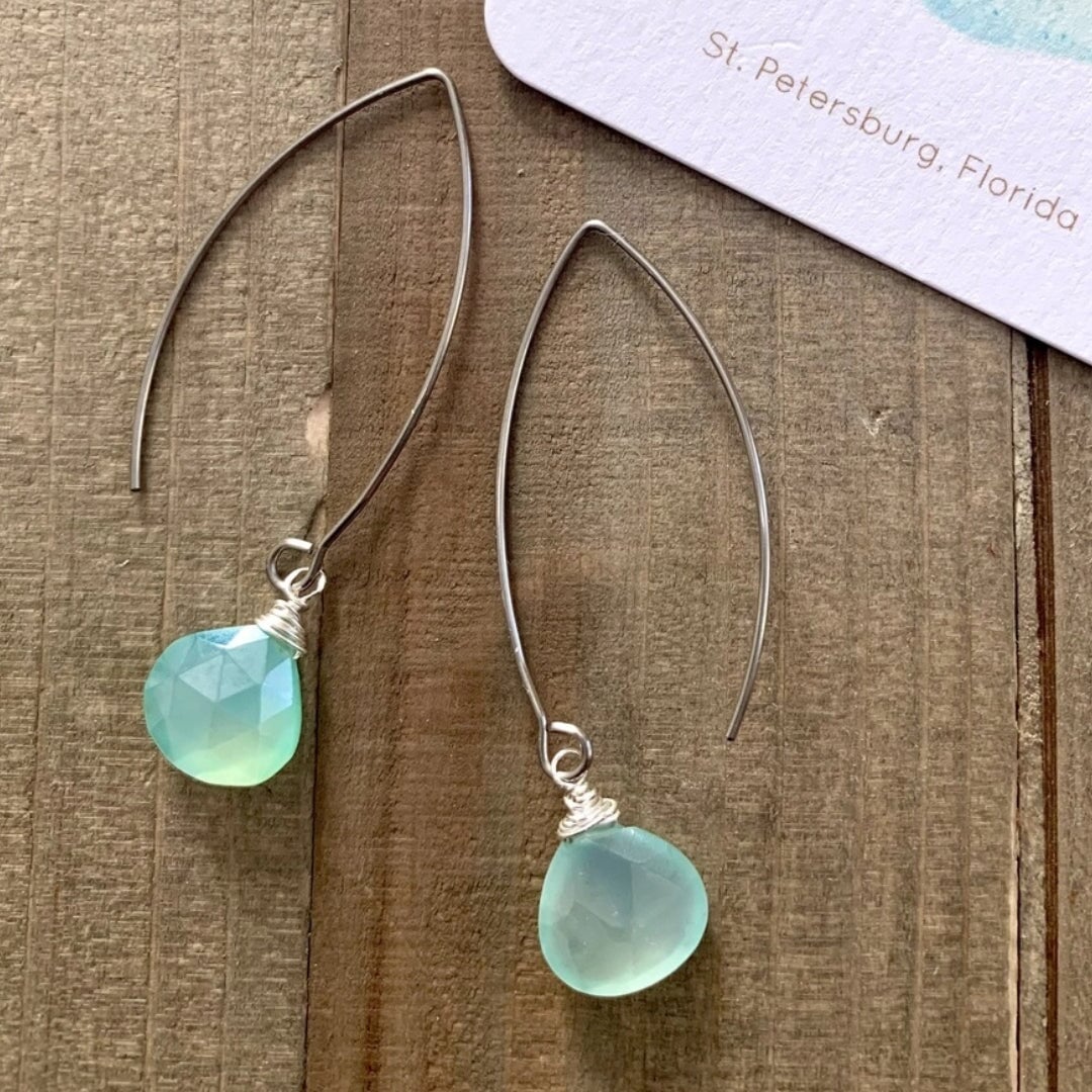 Aqua Teardrop Gemstone Boho Dangle Earrings - Made in the USA