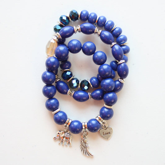 Boho Beaded Stretch Bracelet 3 Piece Set - Blue - Made in the USA