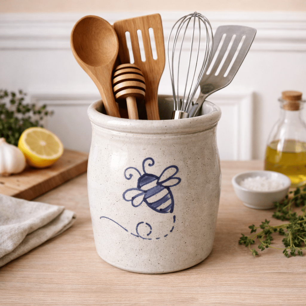 Bumble Bee Hand Painted Pottery Utensil Holder - Made in the USA