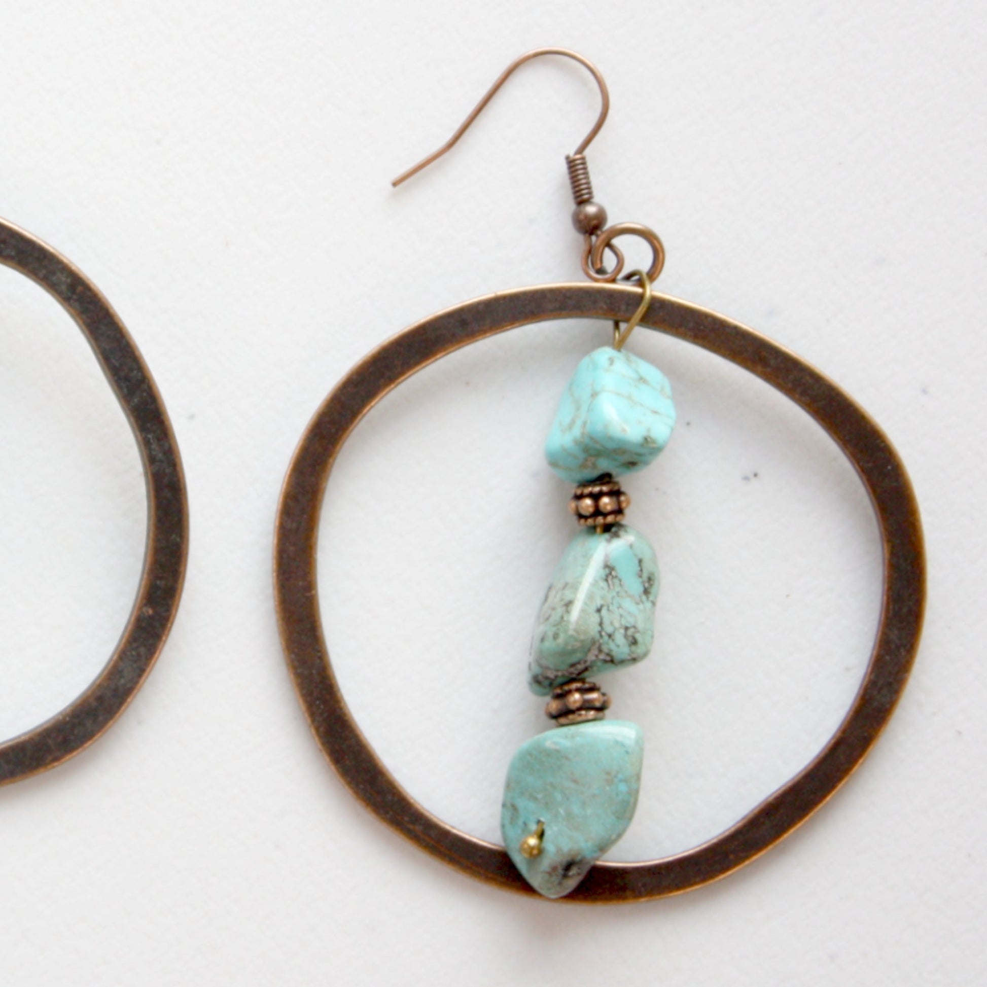 Copper Hoop Earrings with Blue Turquoise and Copper - Made in the USA
