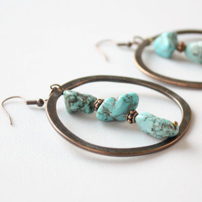 Copper Hoop Earrings with Blue Turquoise and Copper - Made in the USA