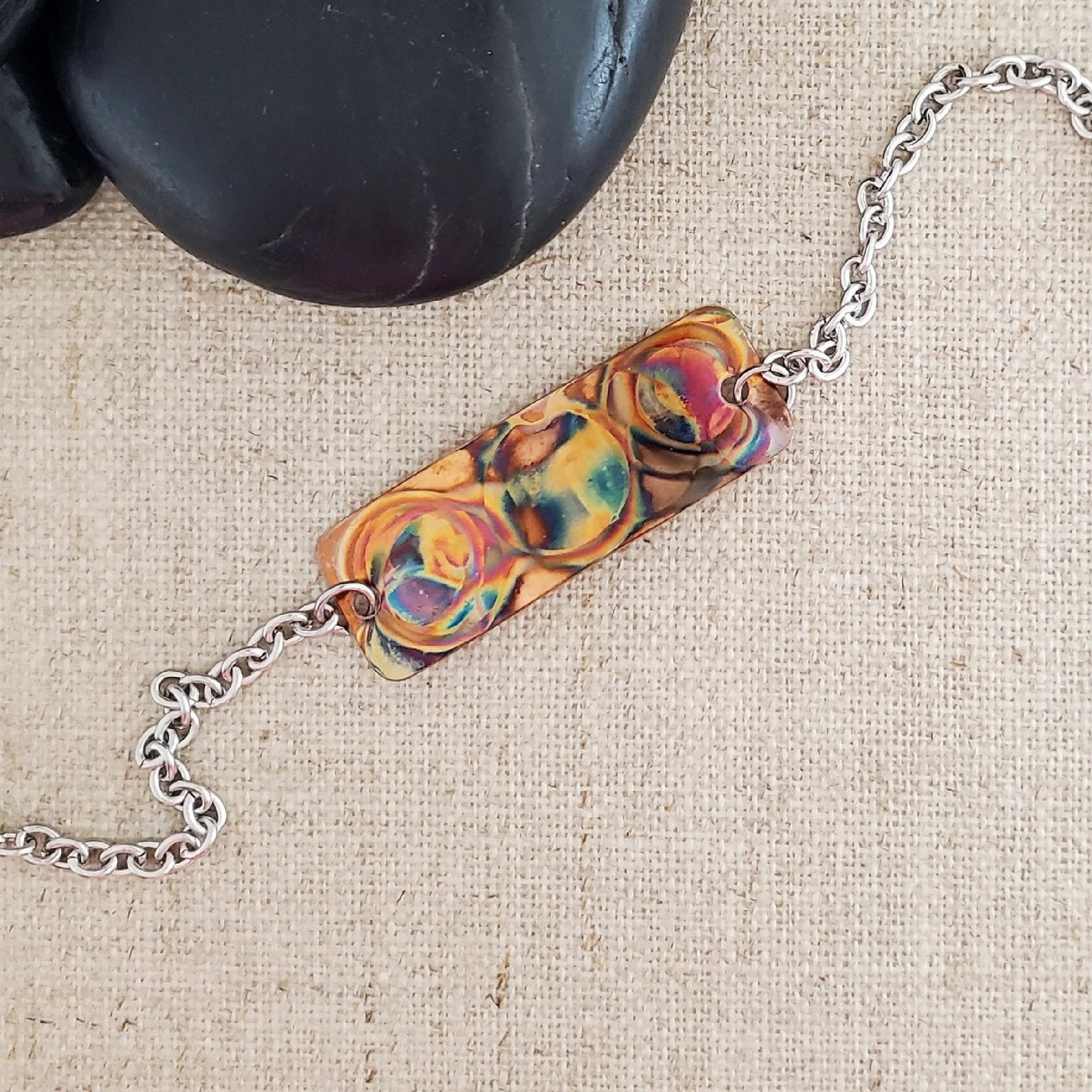 Flame Paint Copper Boho Rectangle Bracelet - Made in the USA