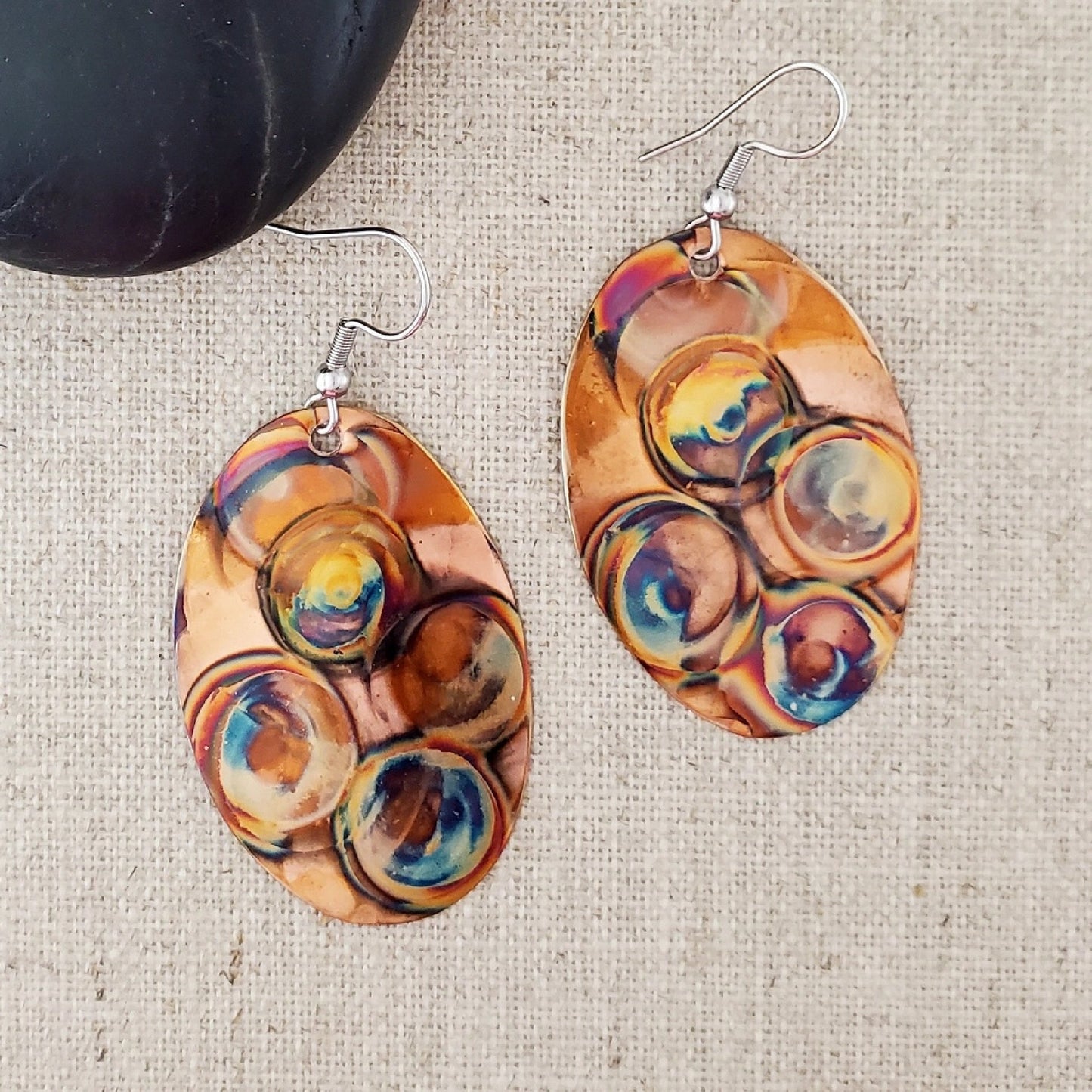 Flame Paint Copper Boho Oval Earrings - Made in the USA
