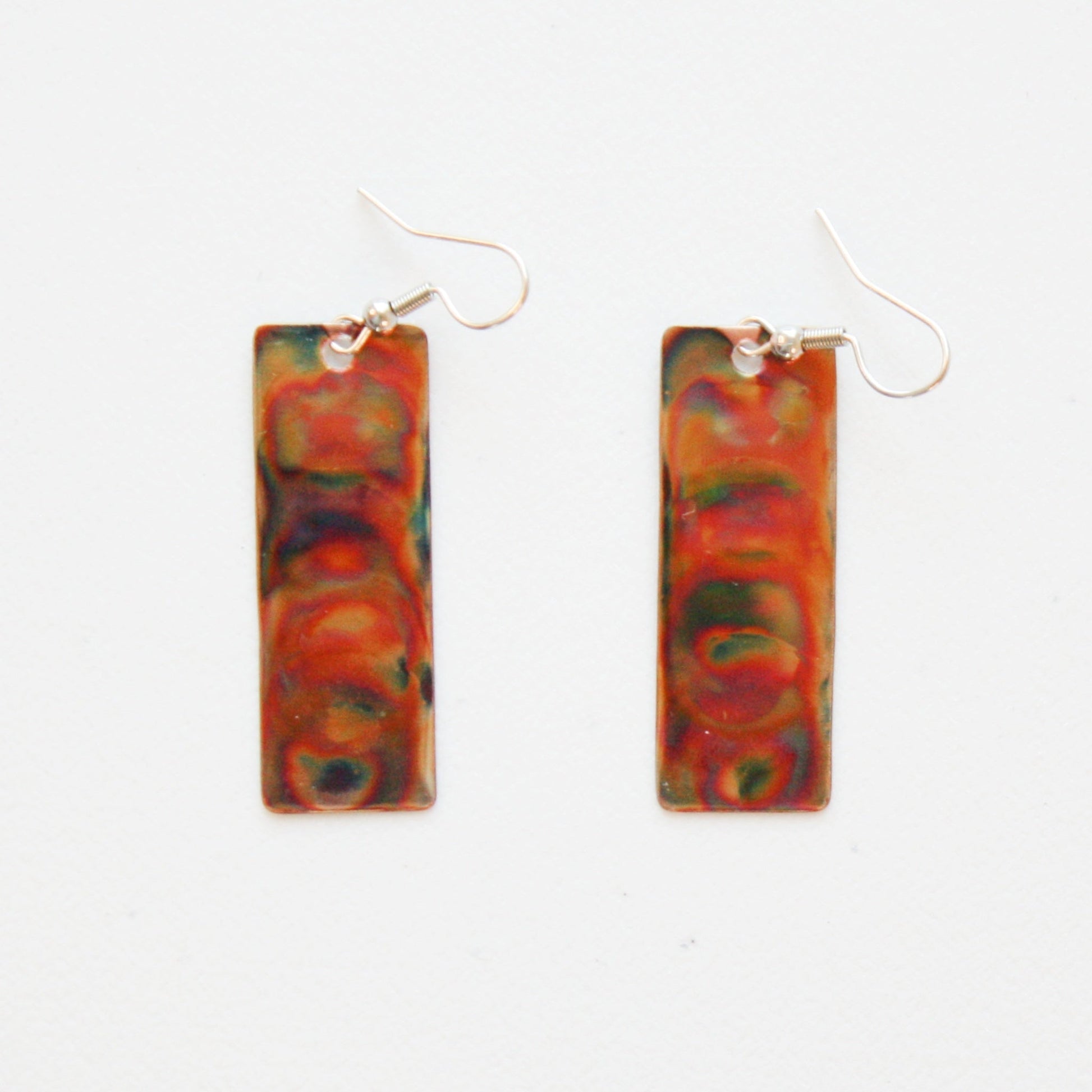 Flame Paint Copper Boho Rectangle Earrings - Made in the USA