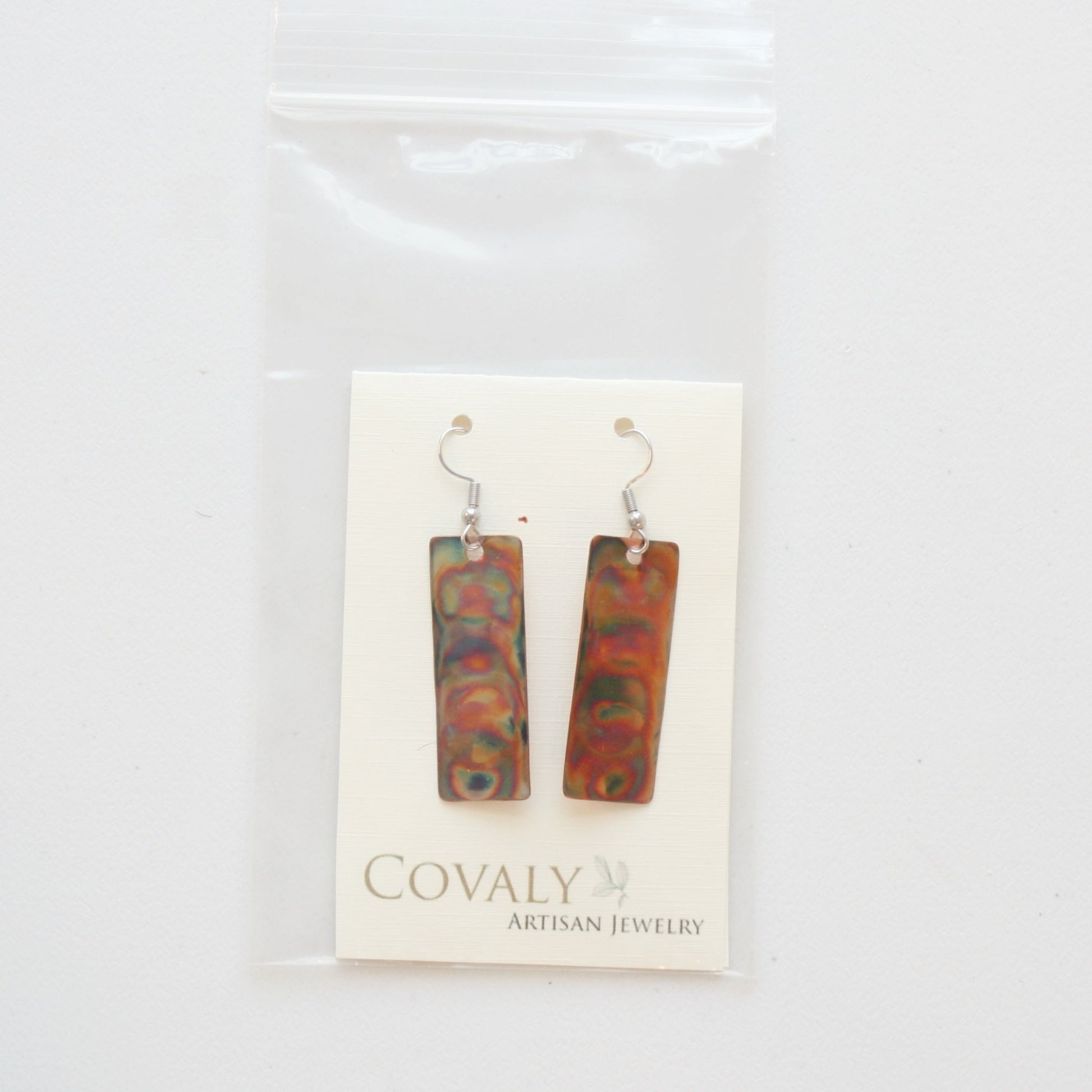 Flame Paint Copper Boho Rectangle Earrings - Made in the USA