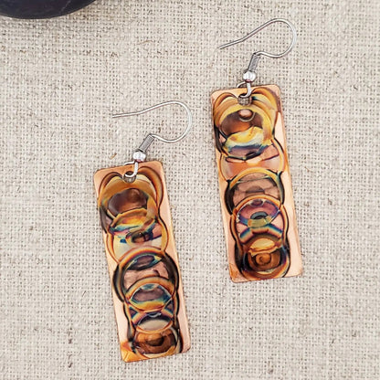 Flame Paint Copper Boho Rectangle Earrings - Made in the USA