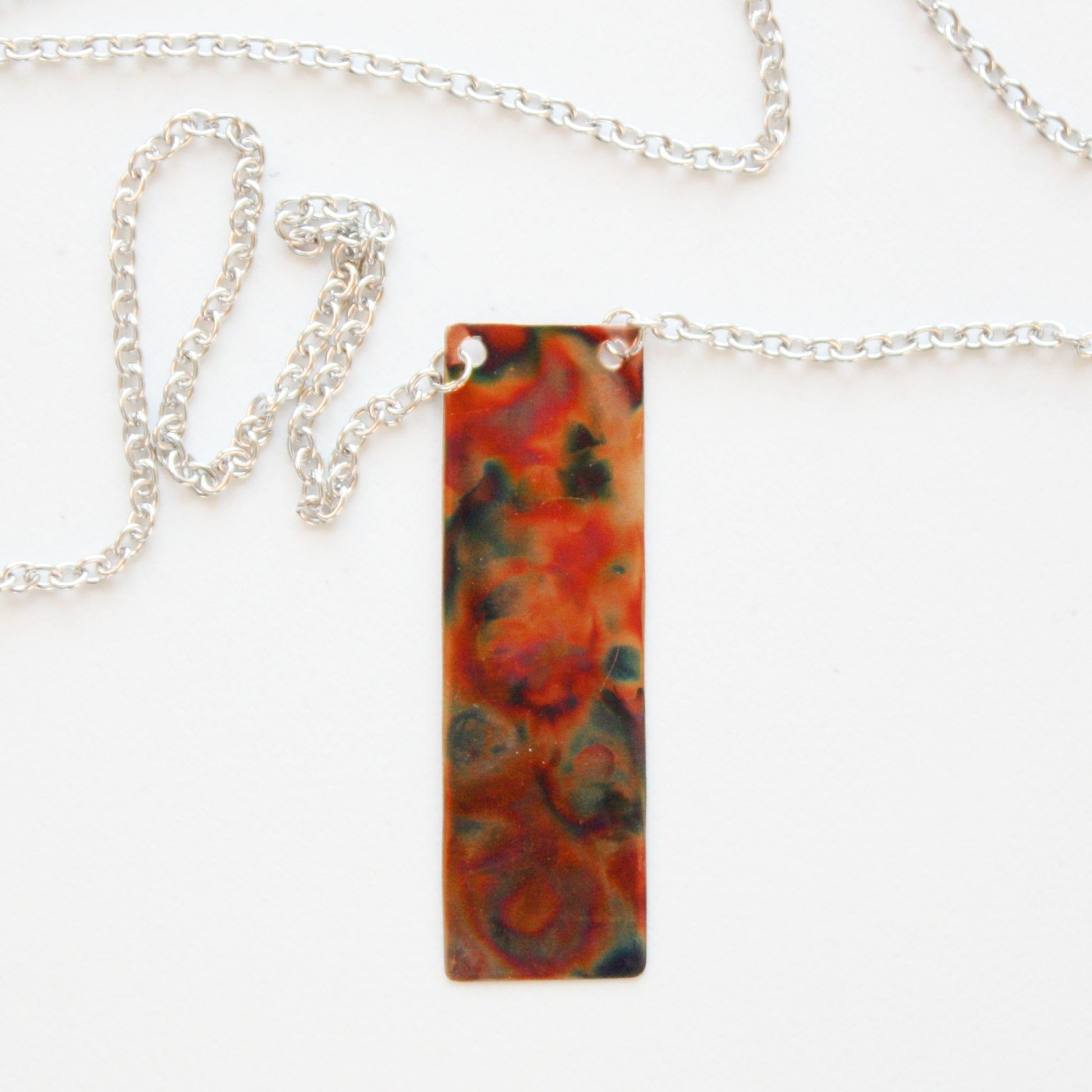 Flame Paint Copper Boho Rectangle Necklace - Made in the USA