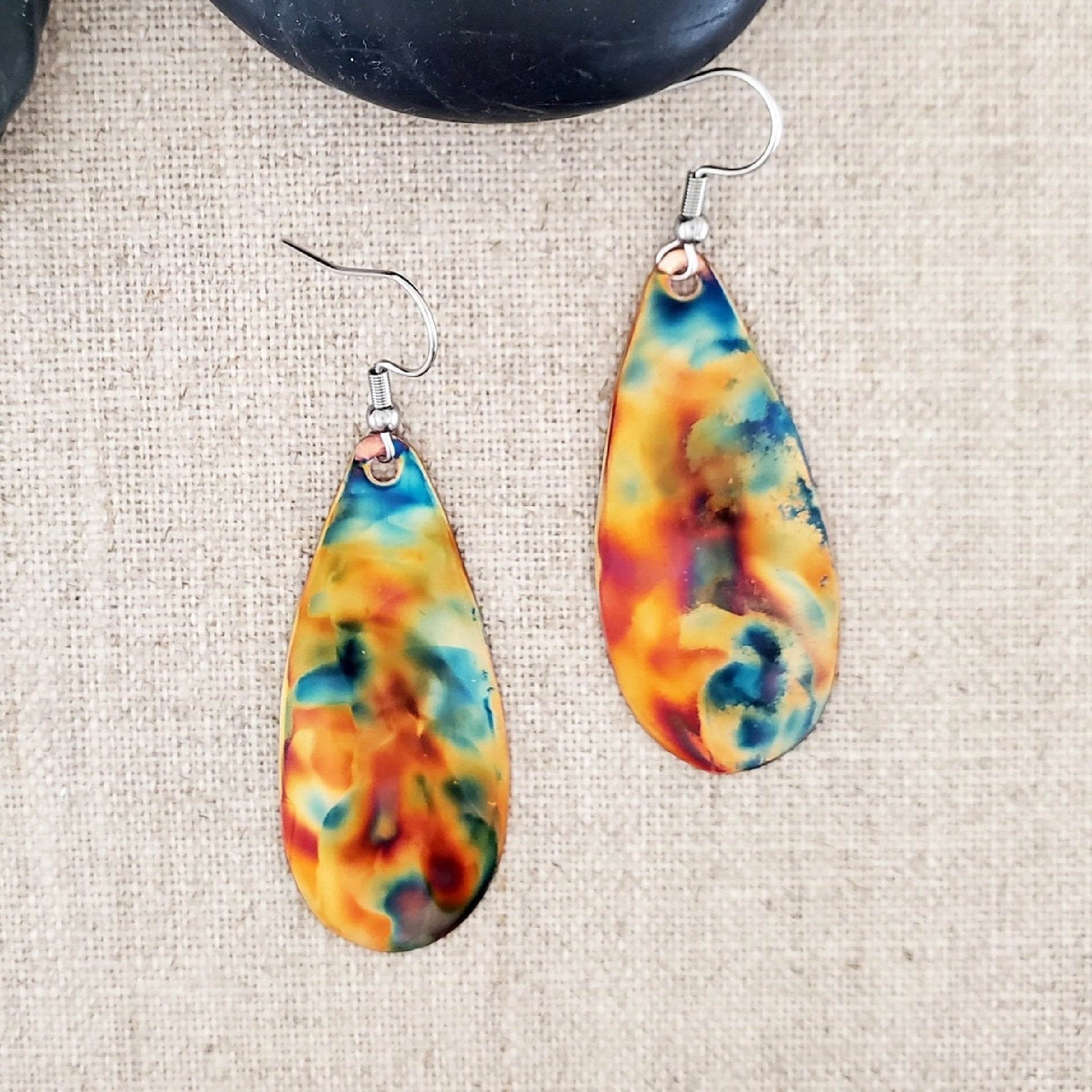 Flame Paint Copper Boho Teardrop Earrings - Made in the USA