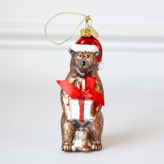 Grizzly Bear with Santa Hat and Present Glass Christmas Ornaments - Made in the USA