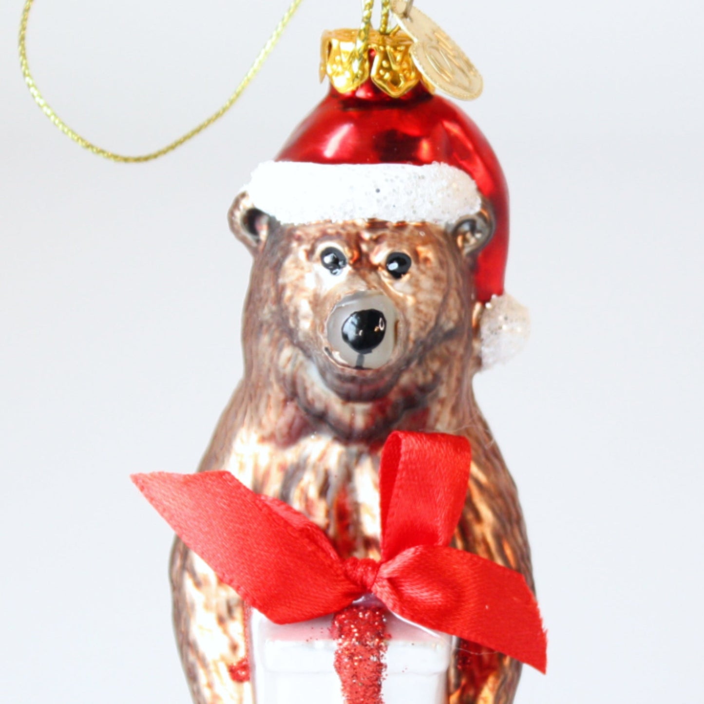 Grizzly Bear with Santa Hat and Present Glass Christmas Ornaments - Made in the USA