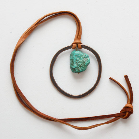 Leather Cord Necklace with Antique Gold Hoop and Turquoise - Made in the USA
