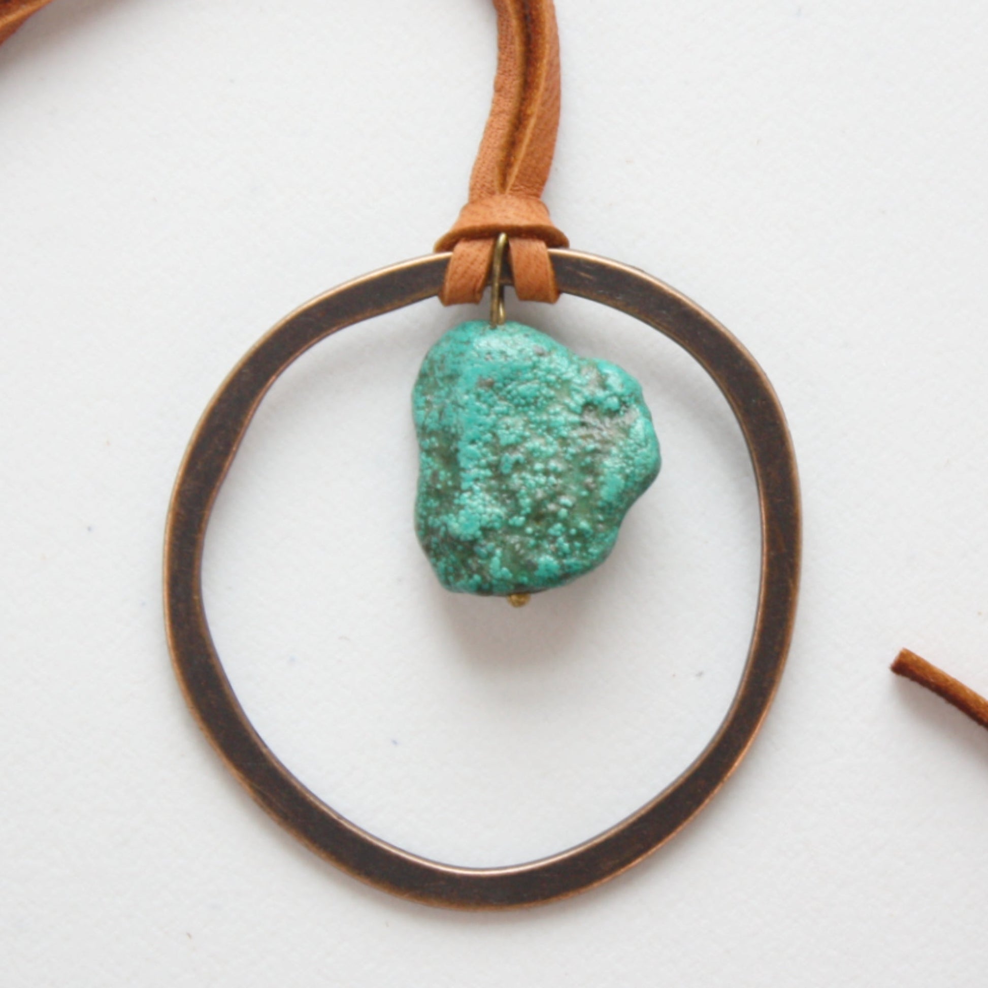 Leather Cord Necklace with Antique Gold Hoop and Turquoise - Made in the USA