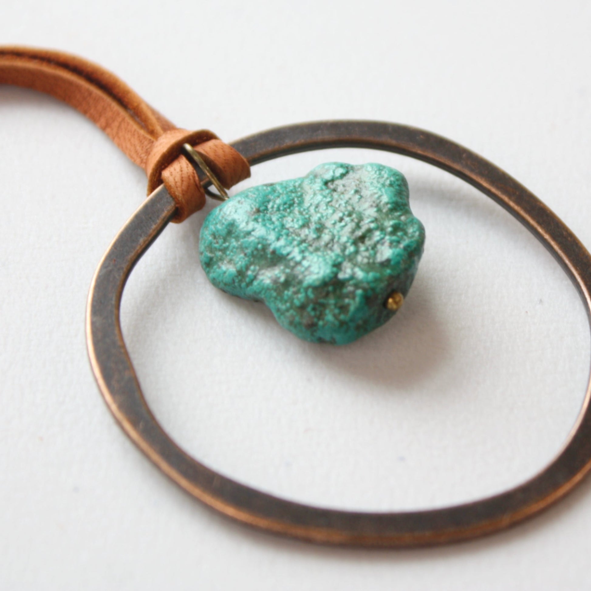 Leather Cord Necklace - Antique Gold/Turquoise - Handmade in The USA