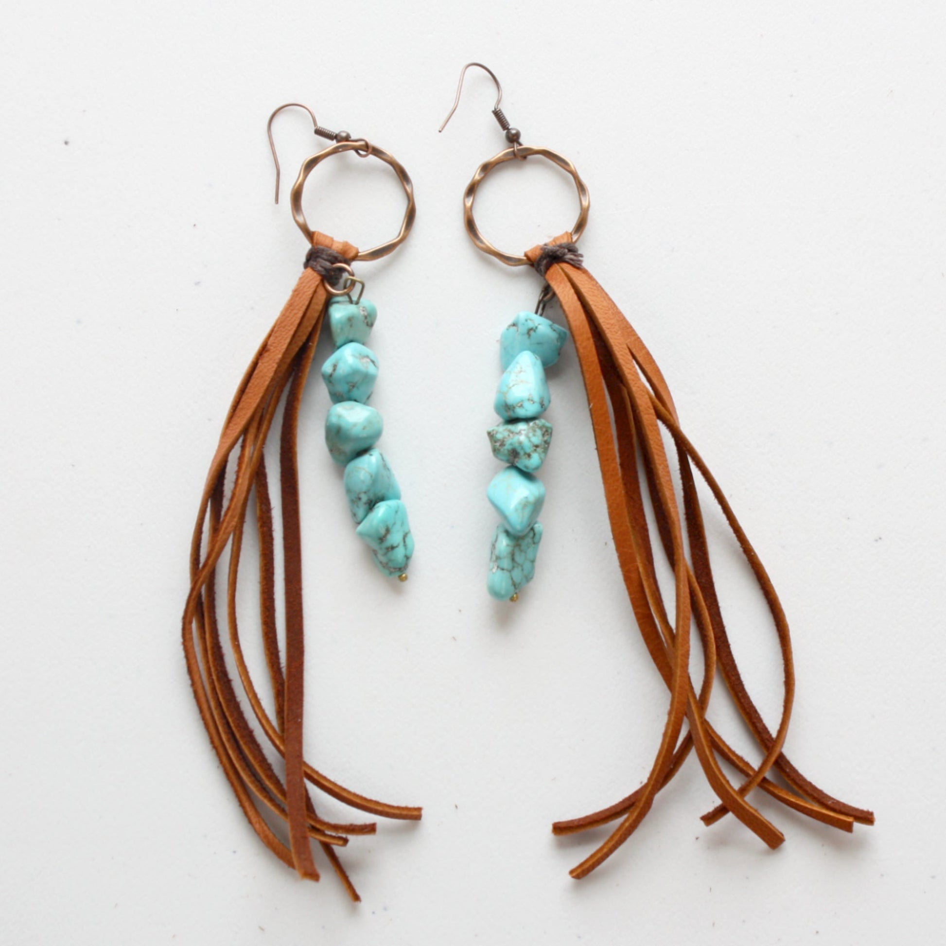 Leather Fringe Earrings with Turquoise Chunks - Made in the USA