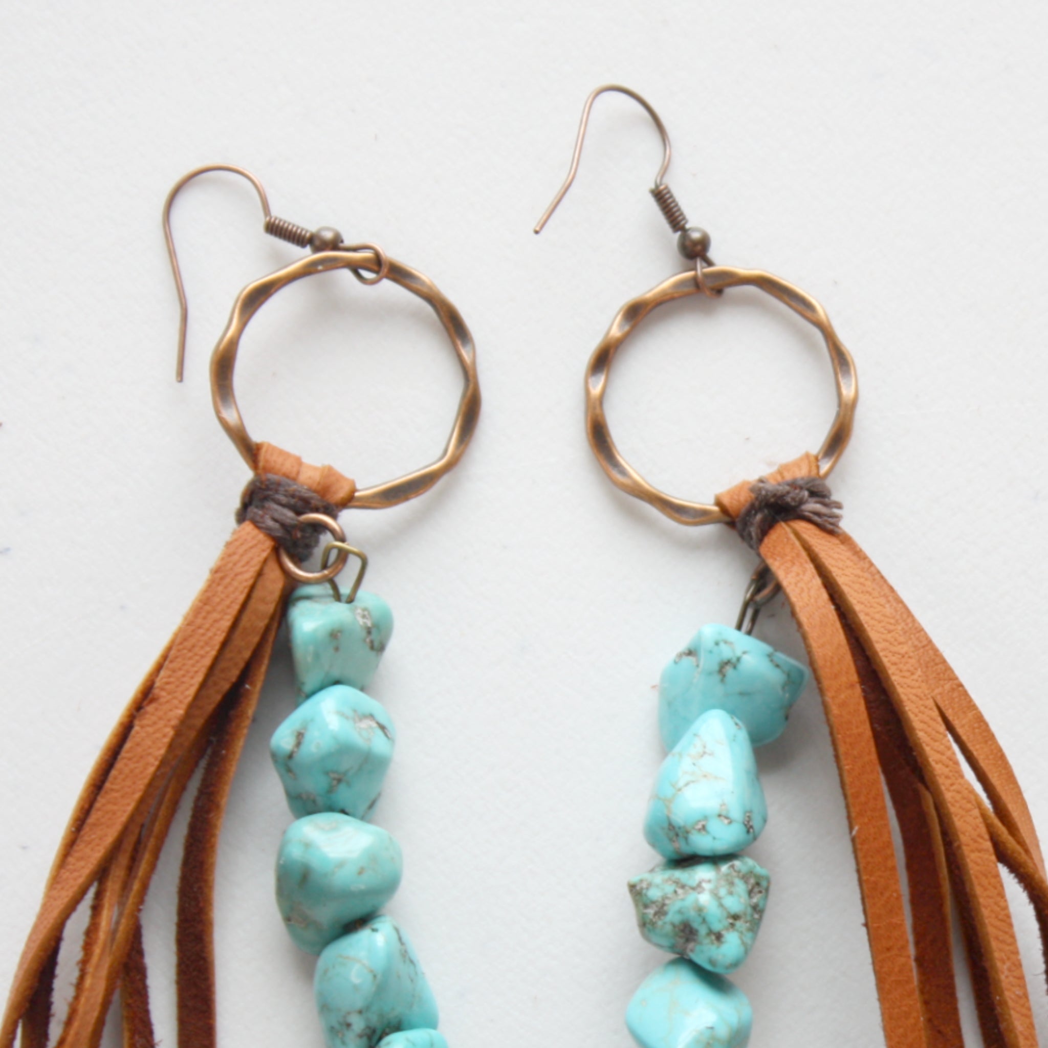 Leather Fringe Earrings with Turquoise Chunks Handmade in the USA LocalWe LLC