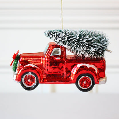 Old Red Christmas Truck Carrying Tree Glass Christmas Ornaments - Made in the USA
