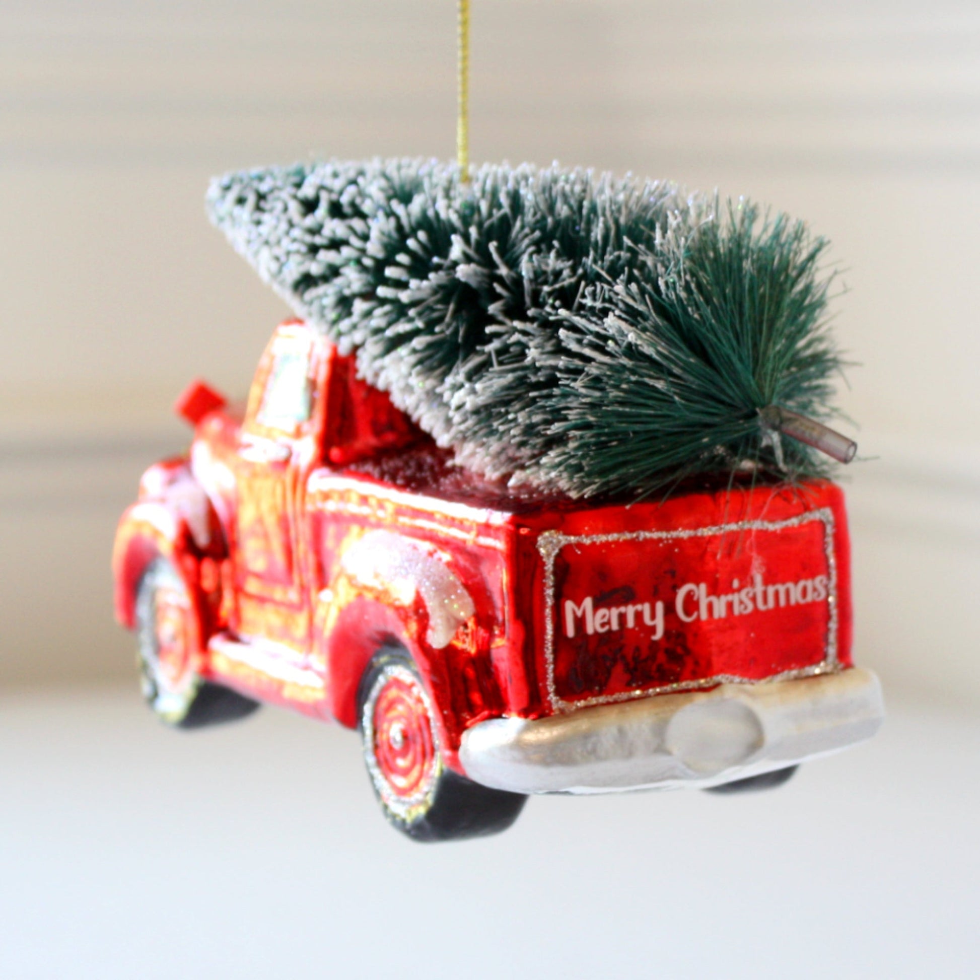 Old Red Christmas Truck Carrying Tree Glass Christmas Ornaments - Made in the USA