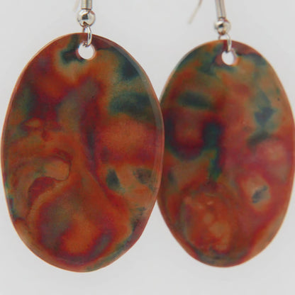 Flame Paint Copper Boho Oval Earrings - Made in the USA