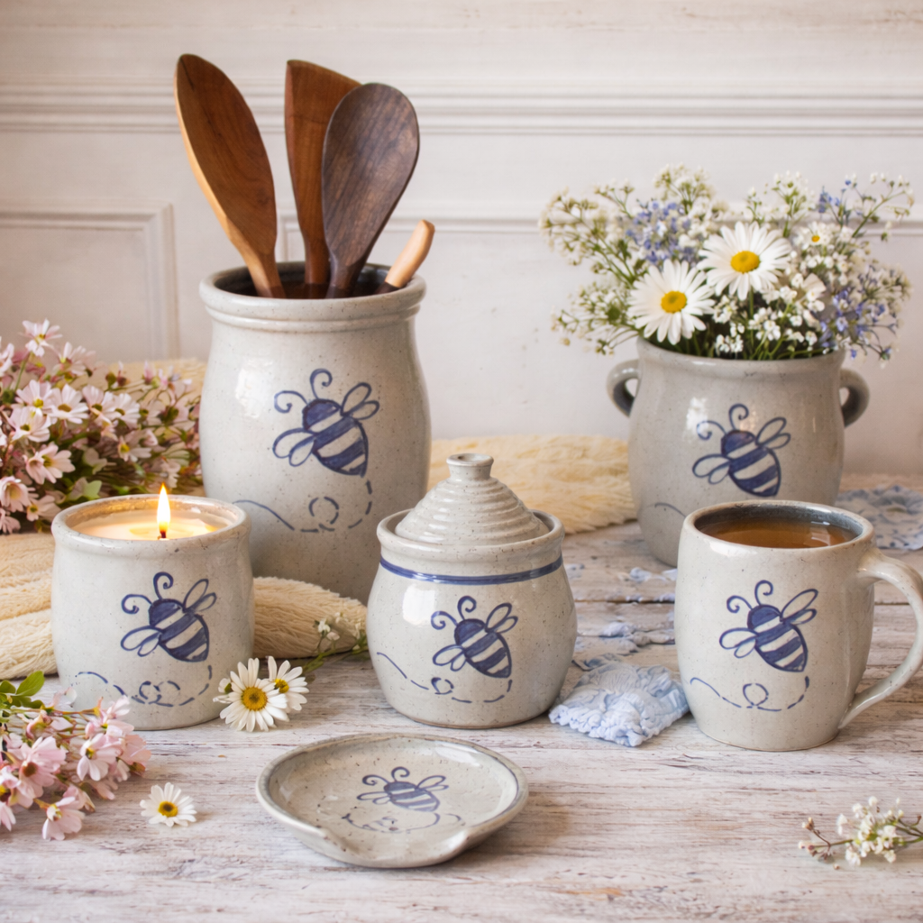 Ceramic kitchenware set with bee designs on a wooden surface with flowers.
