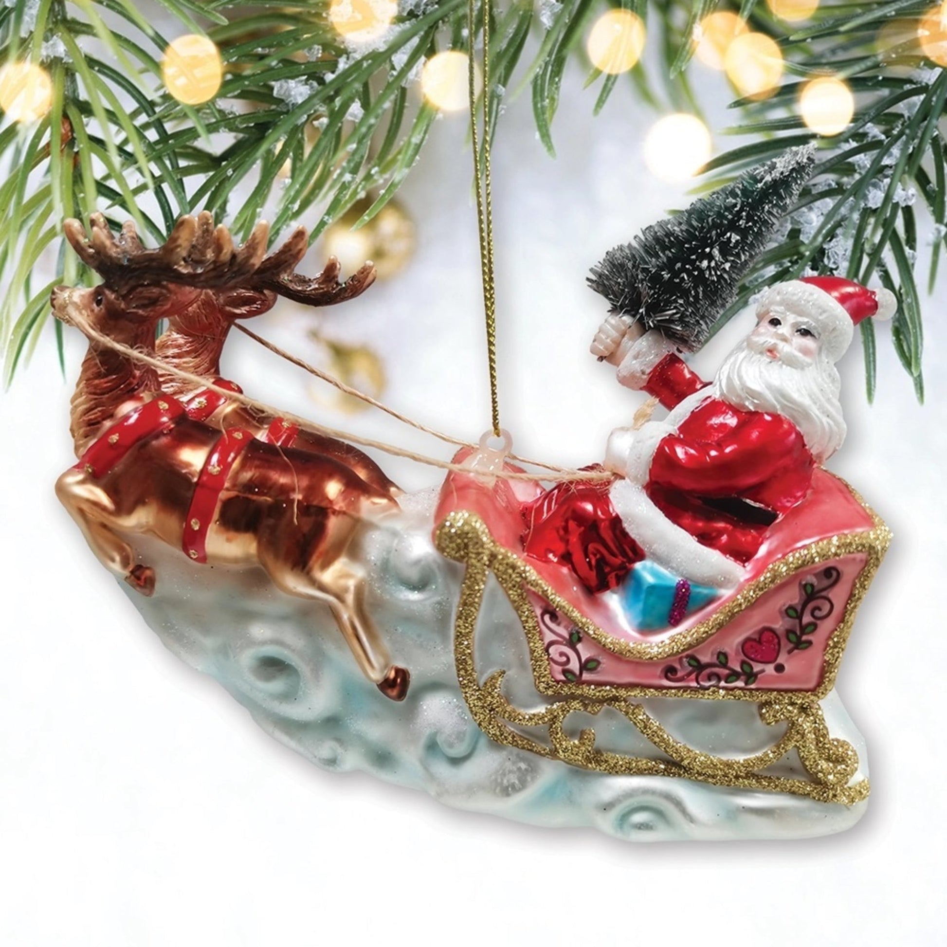 Santa's Sleigh and Reindeer Glass Christmas Ornaments - Made in the USA