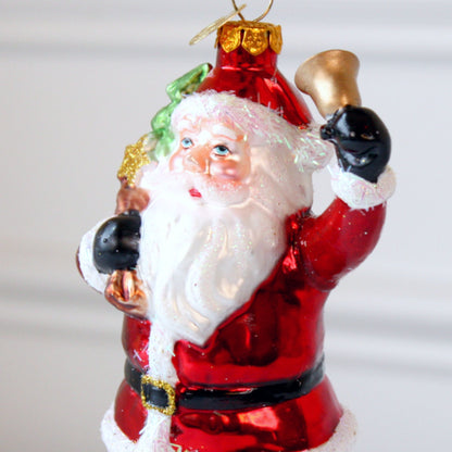 Santa with Bell and Toy Bag Glass Christmas Ornaments - Made in the USA