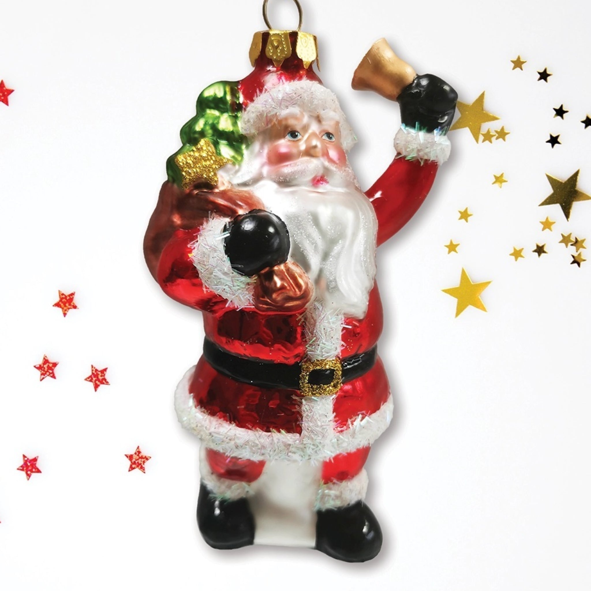 Santa with Bell and Toy Bag Glass Christmas Ornaments