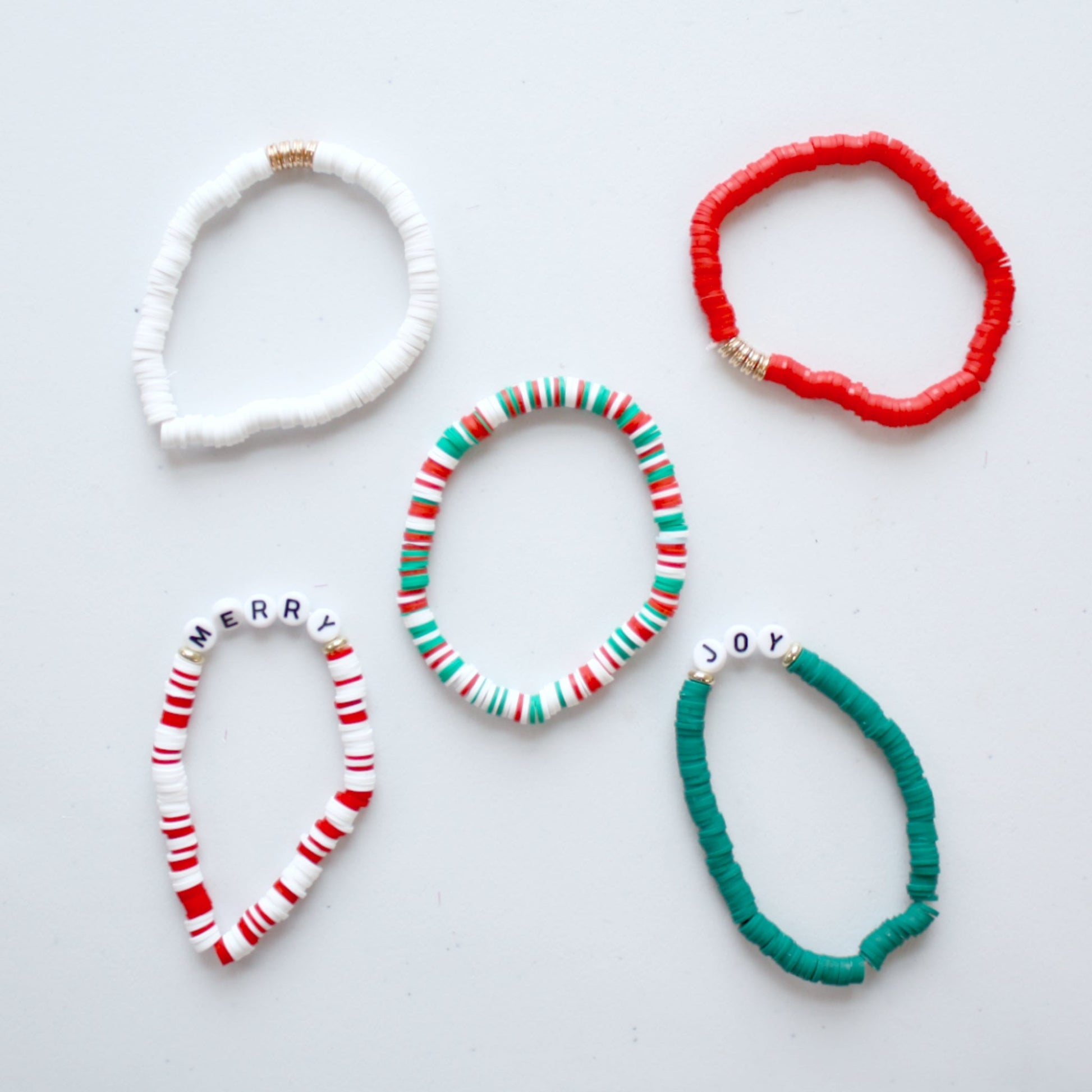 Set of Joy and Merry Christmas Stretch Stacking Bracelets - Made in the USA