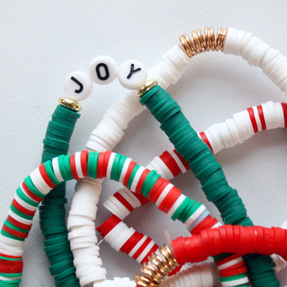 Set of Joy and Merry Christmas Stretch Stacking Bracelets - Made in the USA